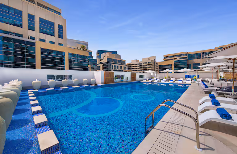 Sunbeds DoubleTree Hilton Dubai Business Bay poolside furniture project