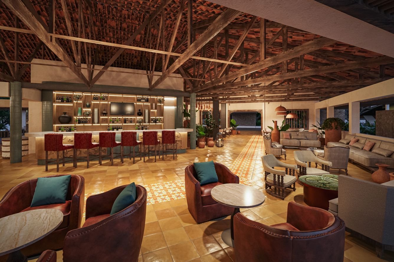 Custom joinery for hotel fit out including reception desk and lobby furniture